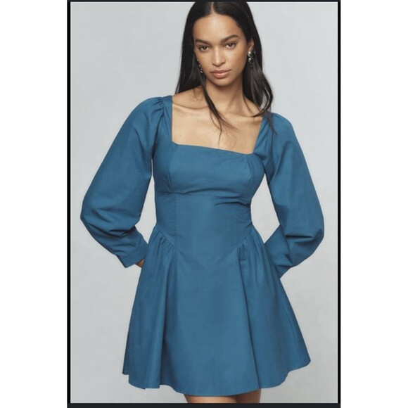 Anthropologie Dresses & Skirts - Anthropologie Long-Sleeve Square-Neck Poplin Mini Dress Sz Sm Blue NWT